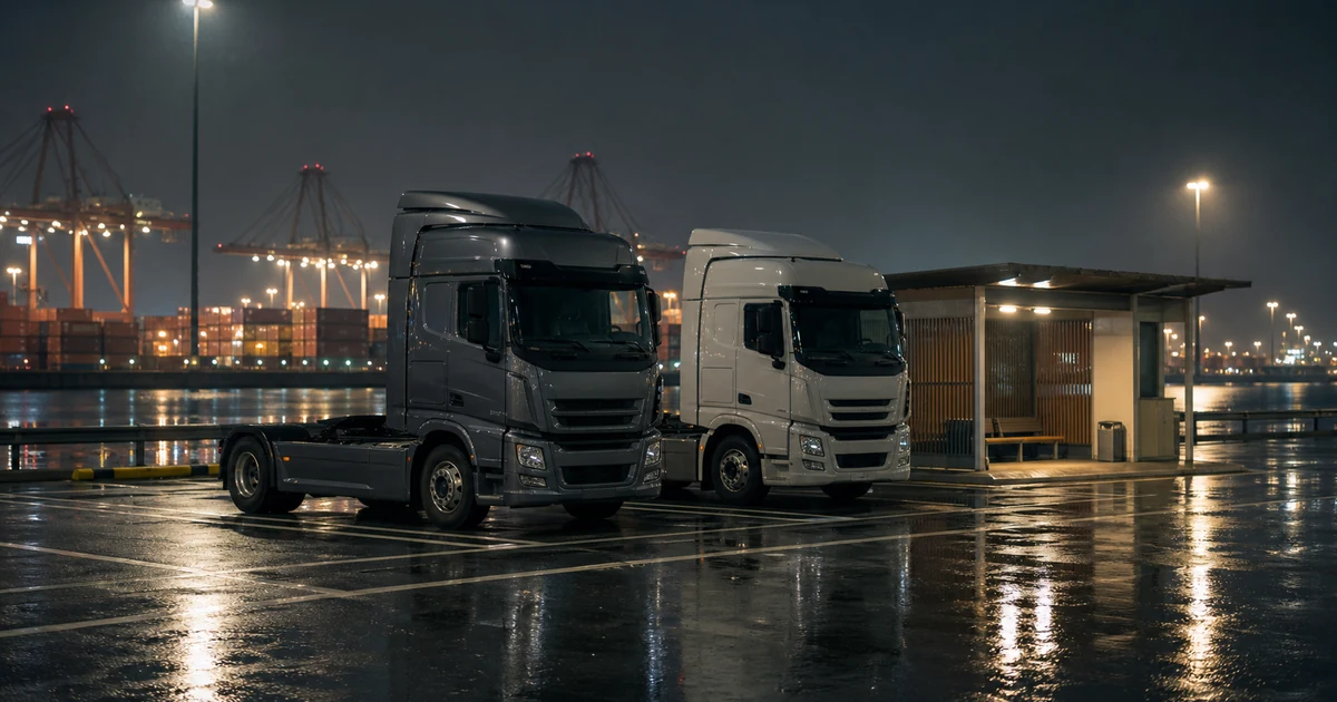 비 내리는 항만 대기구역에 안전하게 주차된 컨테이너 트랙터 두 대와 휴게시설 자료 이미지