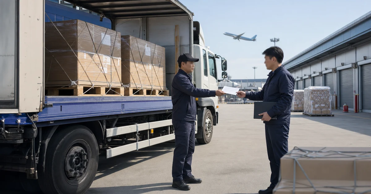 공항 화물터미널에서 봉인 화물과 운송서류를 인계하는 지입트럭 운전자와 물류 담당자